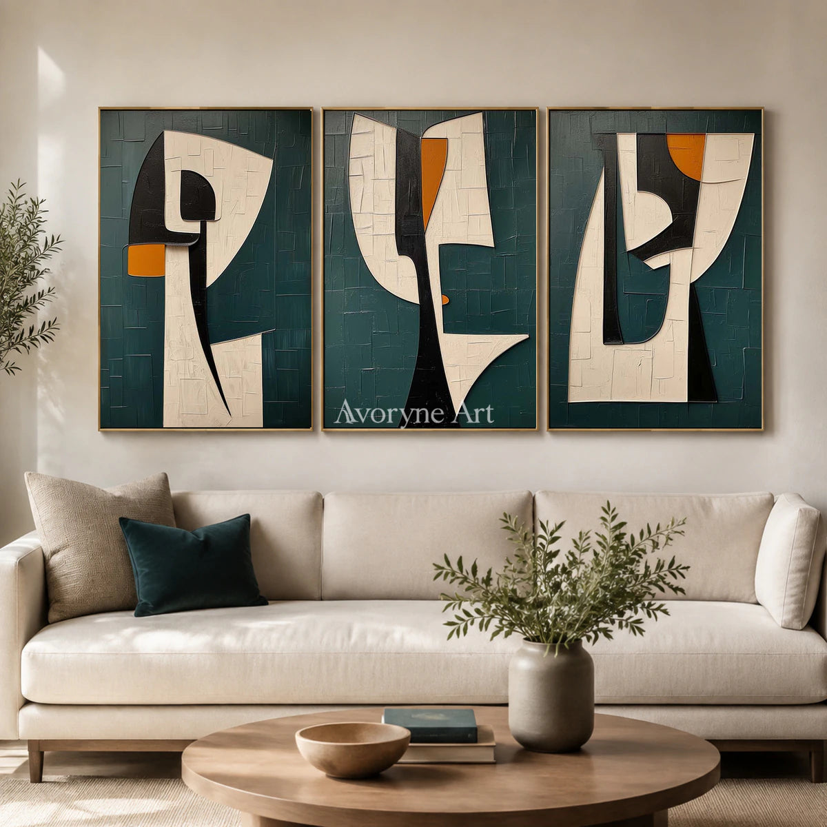 Threefold Dialogue: Green Cubist Portrait Triptych Wall Art — living gold