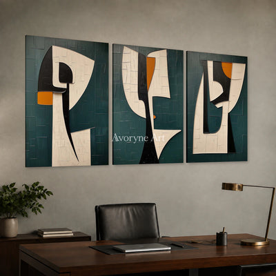 Threefold Dialogue: Green Cubist Portrait Triptych Wall Art — office frameless