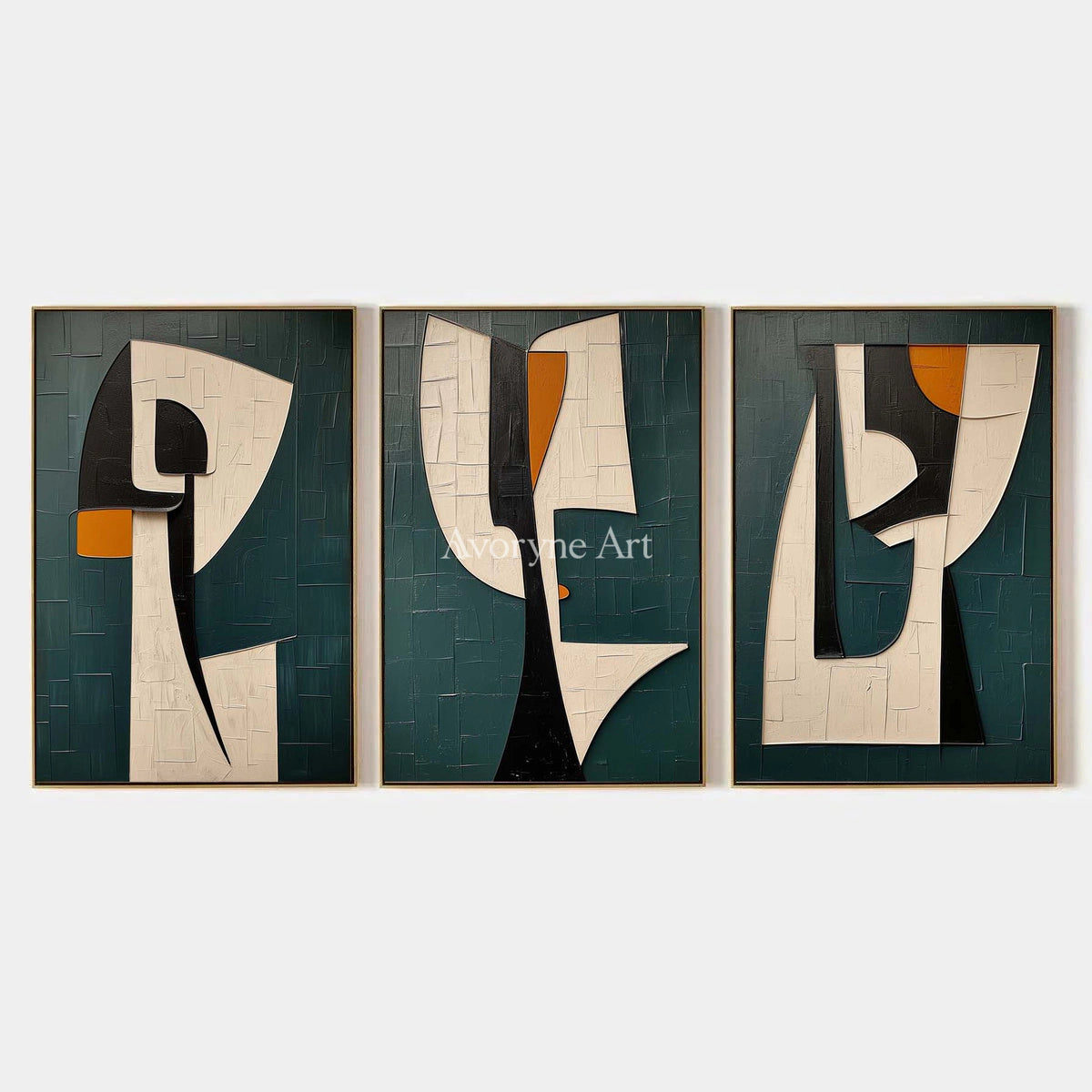 Threefold Dialogue: Green Cubist Portrait Triptych Wall Art — primary