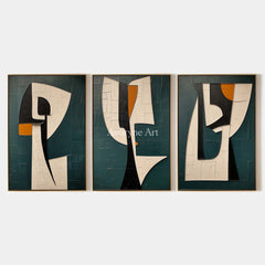 Threefold Dialogue: Green Cubist Portrait Triptych Wall Art — primary
