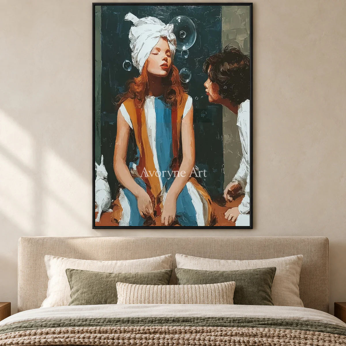 Words in the Air: Green Expressive Figures and Bubbles Wall Art — bedroom black