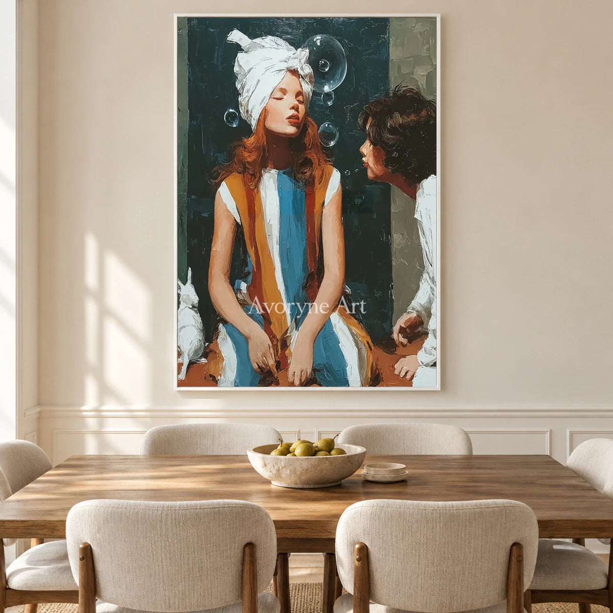 Words in the Air: Green Expressive Figures and Bubbles Wall Art — dining white