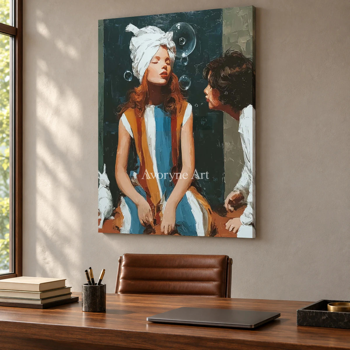 Words in the Air: Green Expressive Figures and Bubbles Wall Art — office frameless