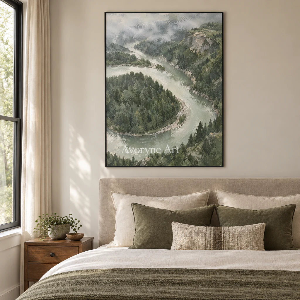 Riverward Pines: Green Forest Landscape Wall Art — bedroom black