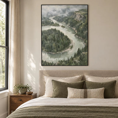 Riverward Pines: Green Forest Landscape Wall Art — bedroom black