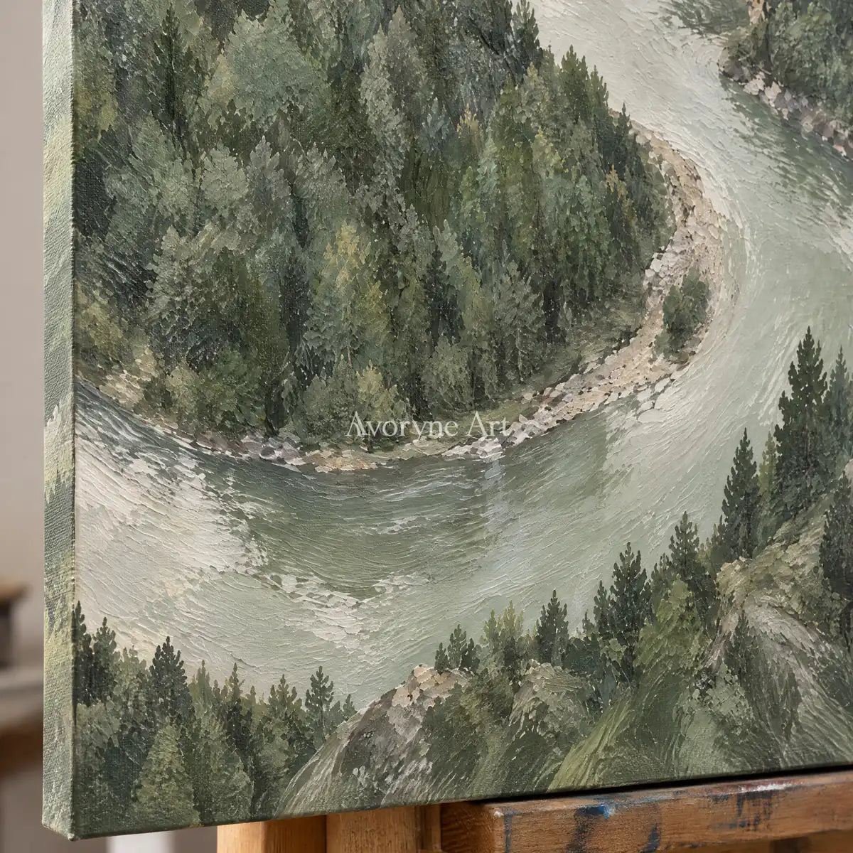 Riverward Pines: Green Forest Landscape Wall Art — detail easel