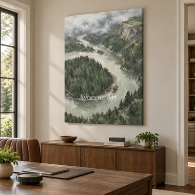 Riverward Pines: Green Forest Landscape Wall Art — office frameless