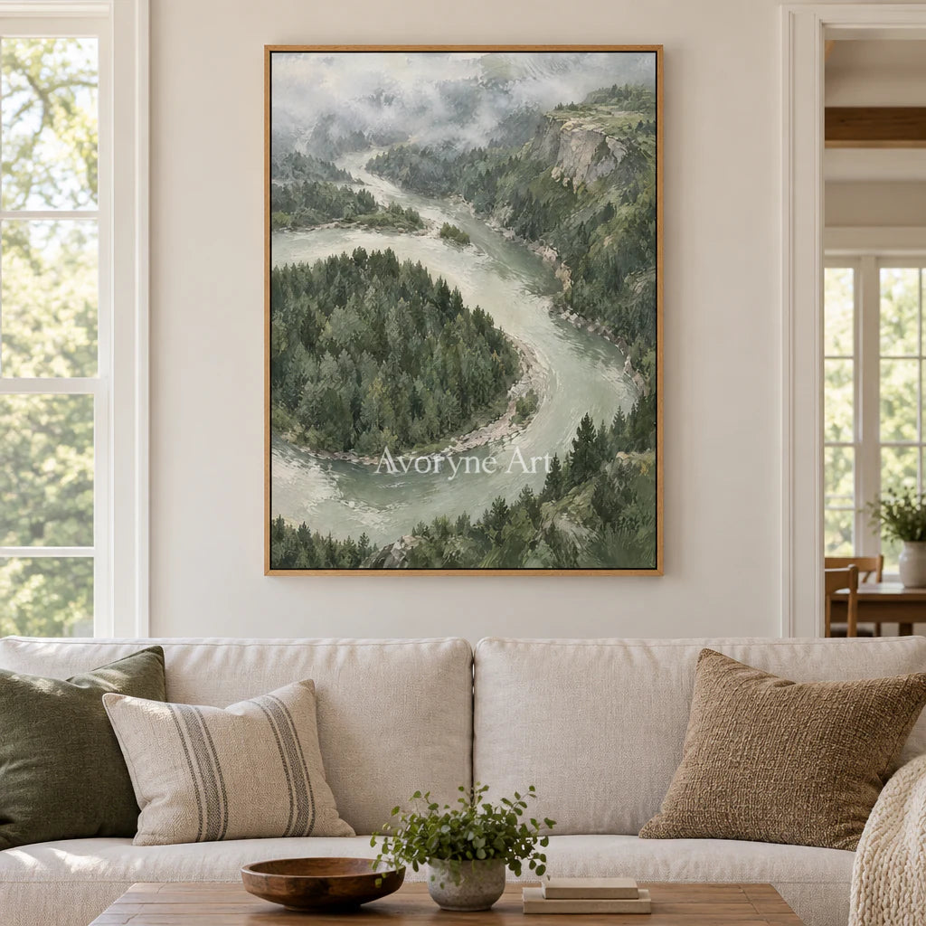 Riverward Pines: Green Forest Landscape Wall Art — villa wood