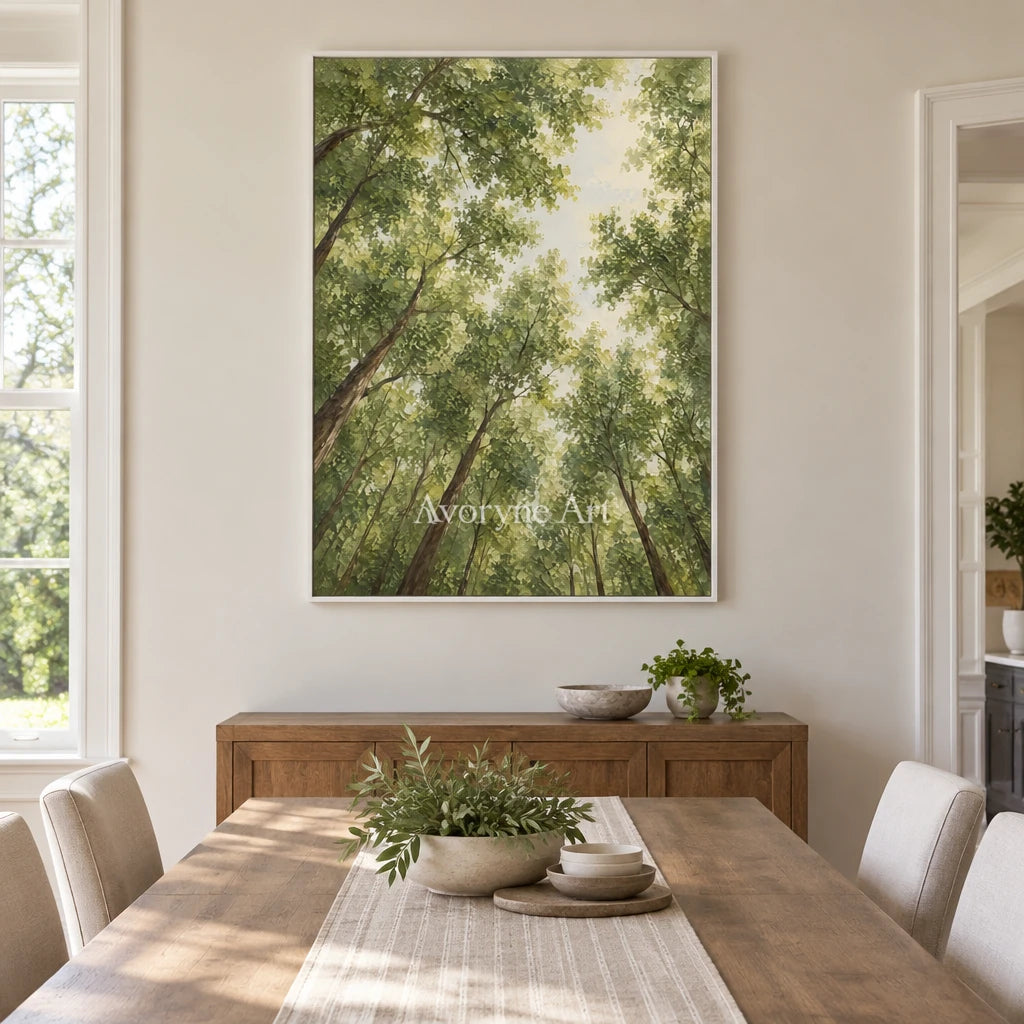 Canopy Ascent: Green Forest Landscape Wall Art — dining white