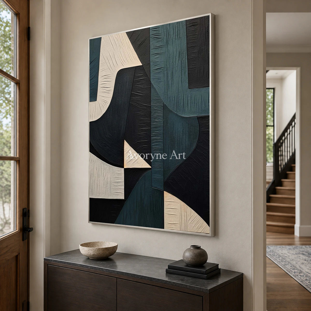 Teal Counterform: Green Geometric Abstract Wall Art — entry silver