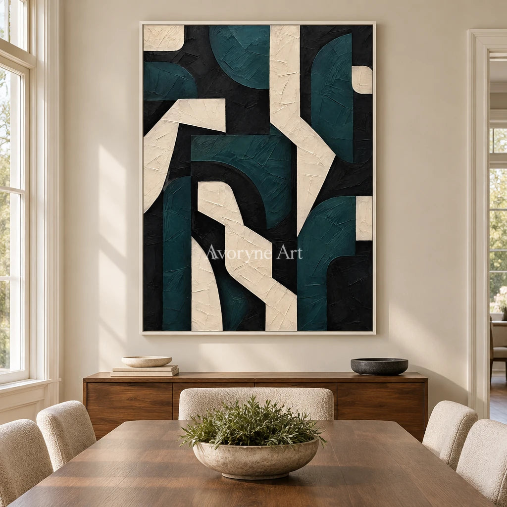 Forest Facets: Green Geometric Abstract Wall Art — dining white