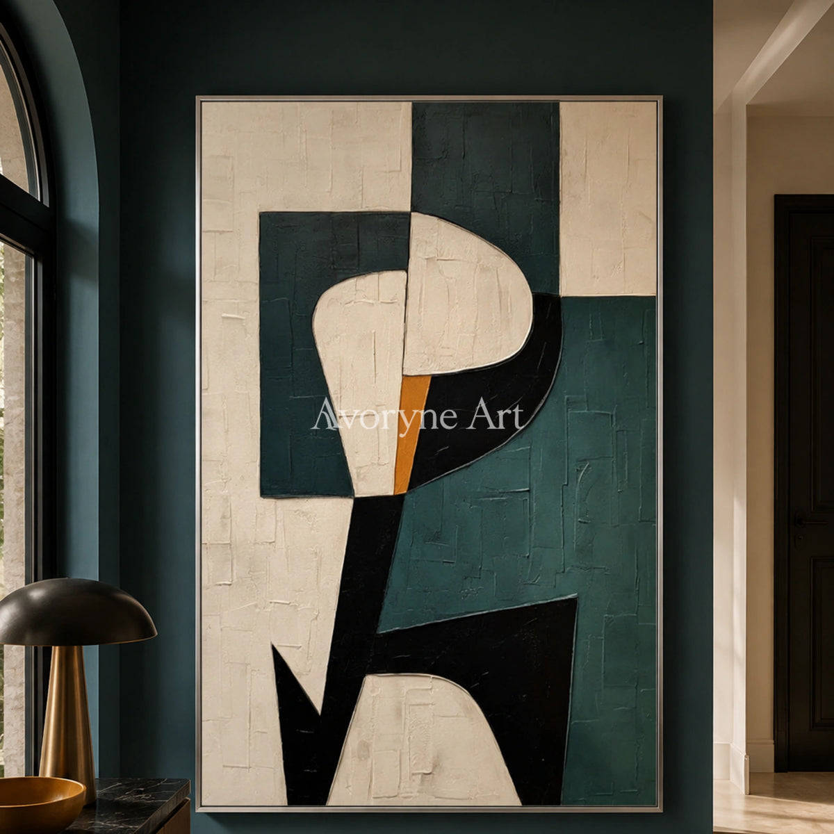 Verdant Geometry: Green Geometric Minimalist Wall Art - entryway silver frame