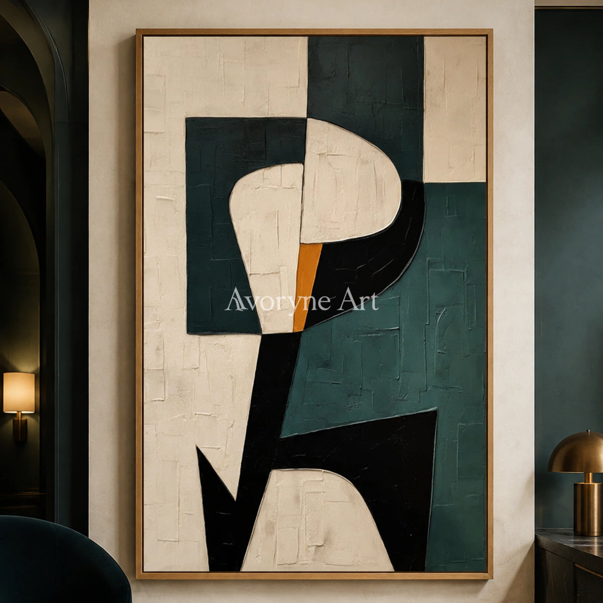 Verdant Geometry: Green Geometric Minimalist Wall Art - hotel wood frame