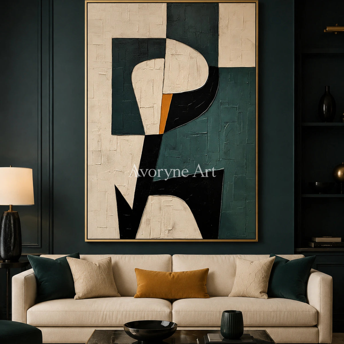 Verdant Geometry: Green Geometric Minimalist Wall Art - living room gold frame