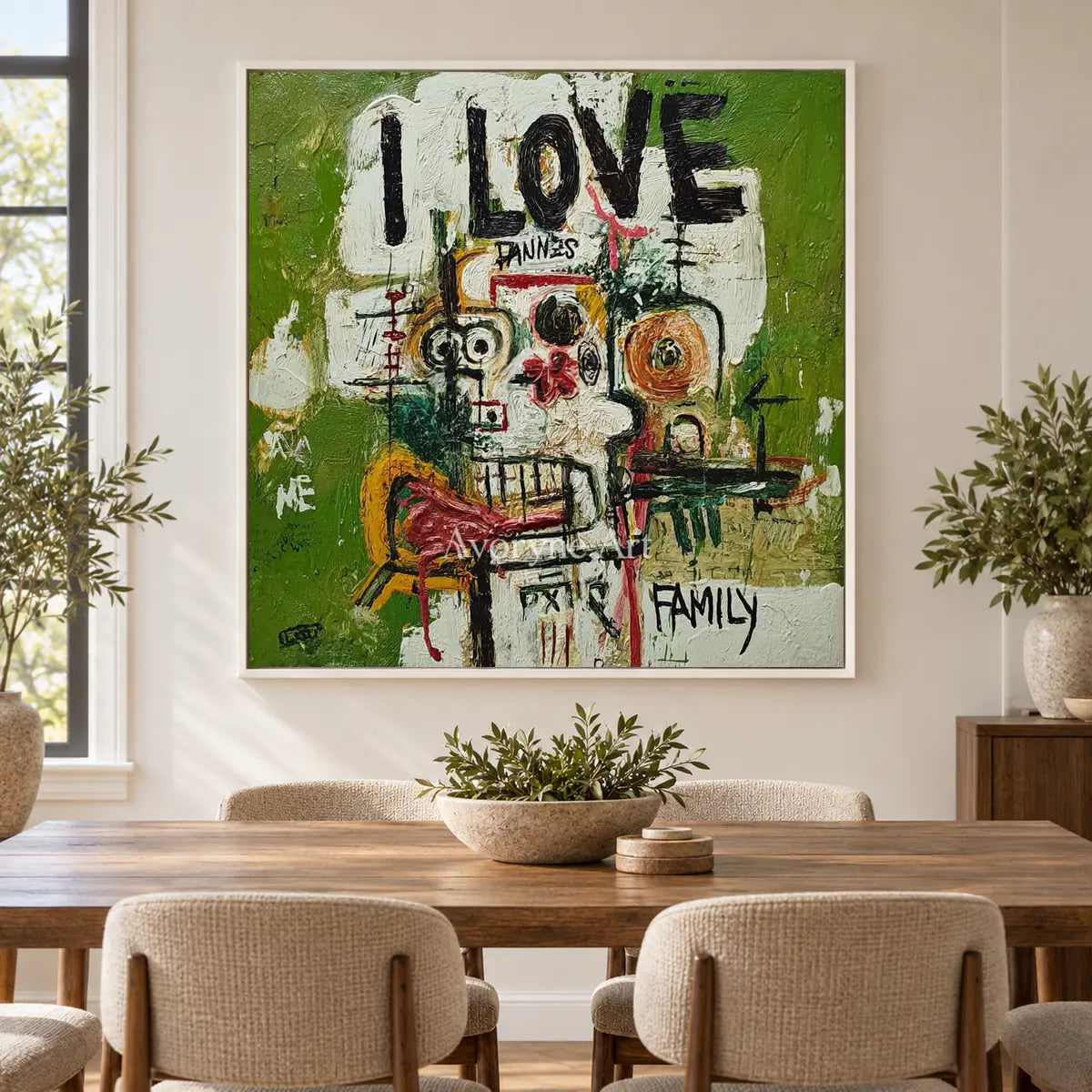 Kinship in Marks: Green Graffiti Figure Wall Art — dining white