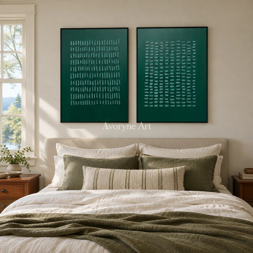 Muted Cadence green grid relief diptych with a black frame above a bed in a bedroom
