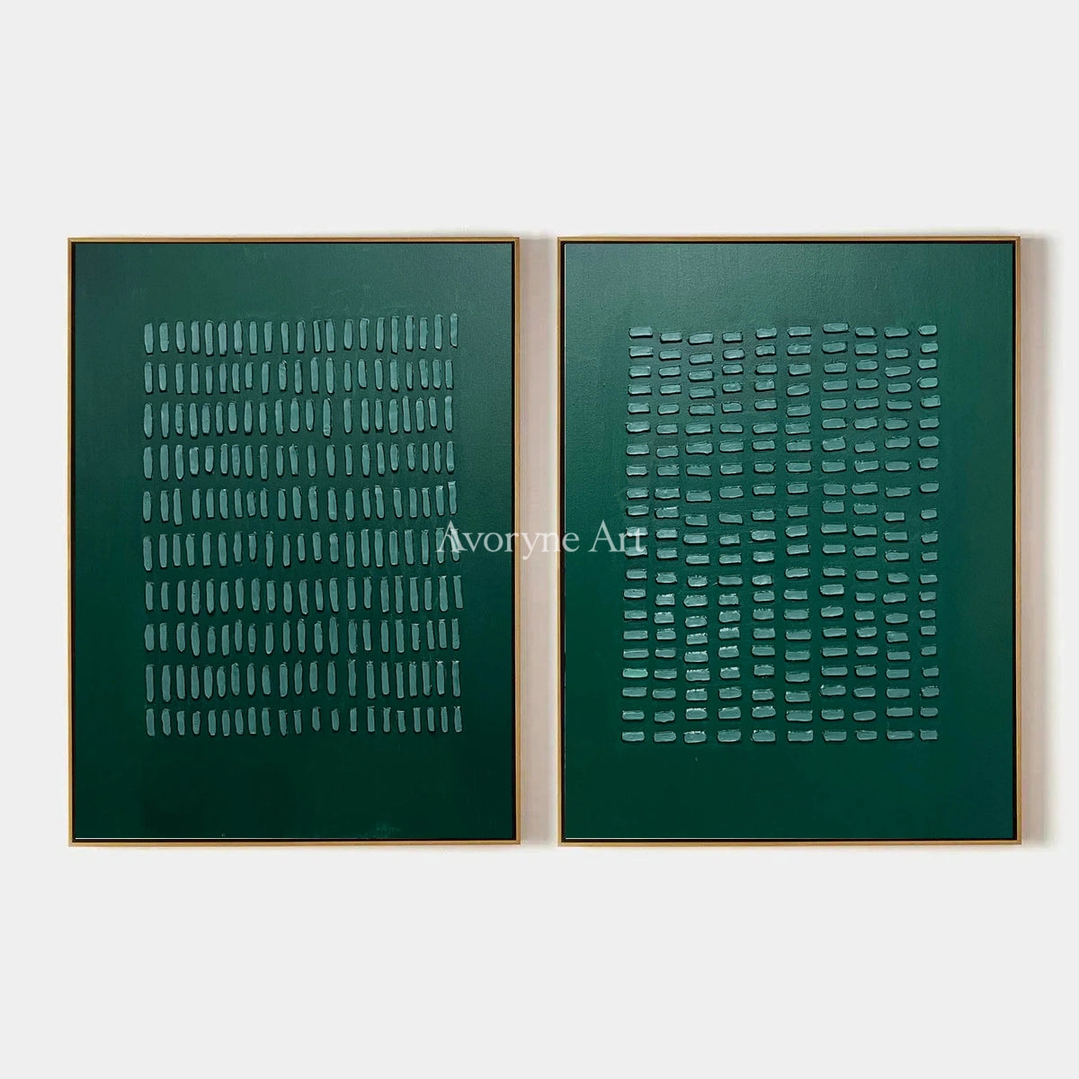 Muted Cadence, hand-painted green grid relief diptych by Lin Qiao