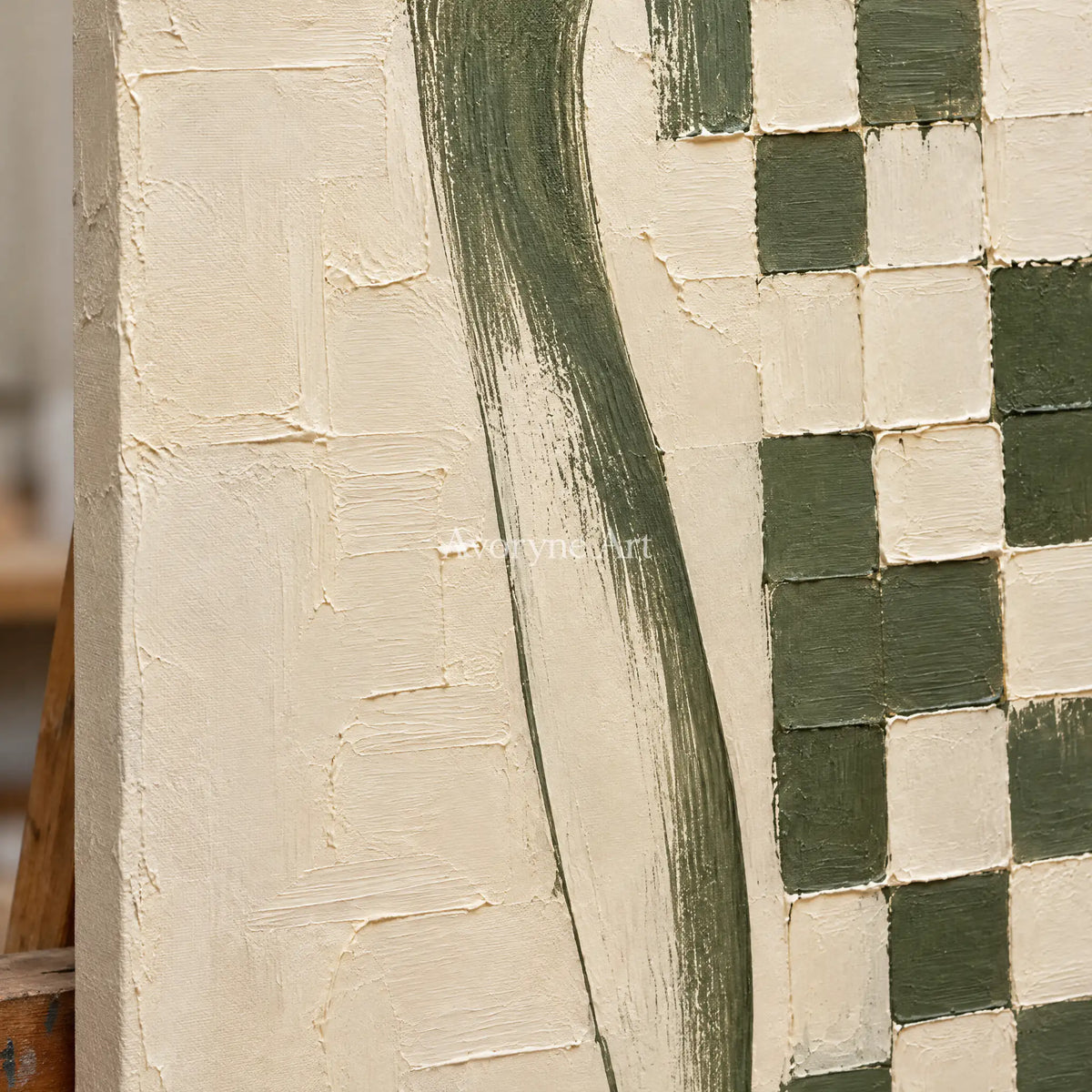 Olive Cadence: Green Grid Textured Wall Art Wall Art — detail easel