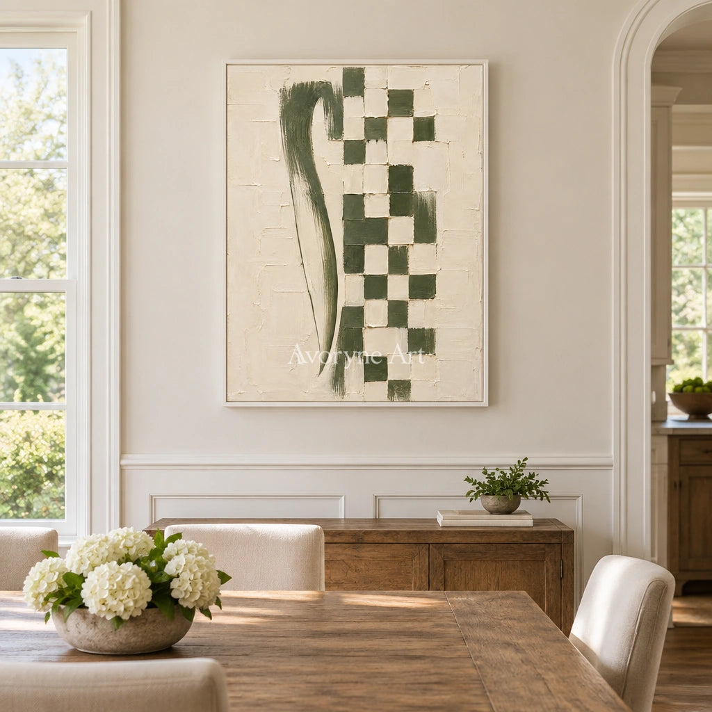 Olive Cadence: Green Grid Textured Wall Art Wall Art — dining white