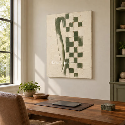 Olive Cadence: Green Grid Textured Wall Art Wall Art — office frameless