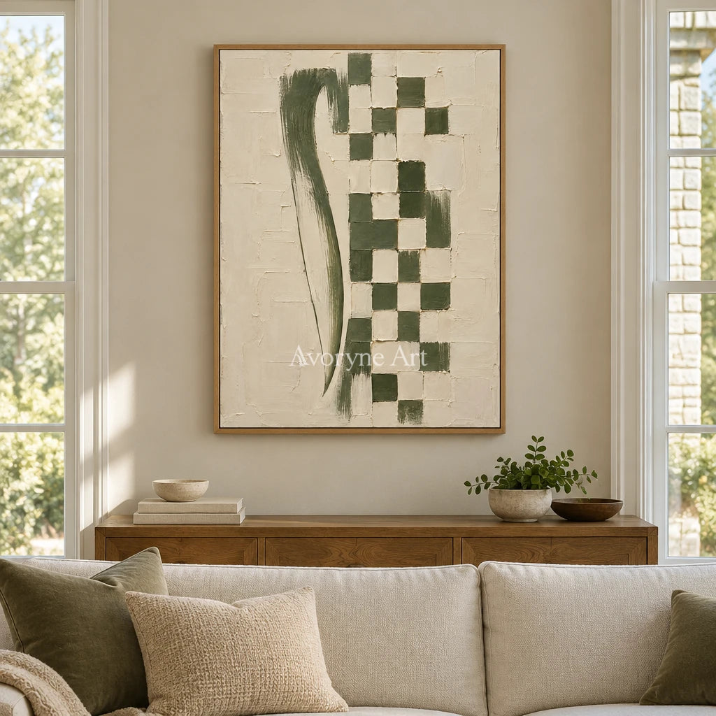 Olive Cadence: Green Grid Textured Wall Art Wall Art — villa wood