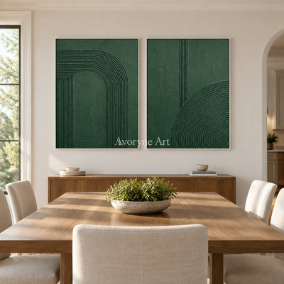 Forest Contours: Green Grooved Diptych Wall Art — dining white