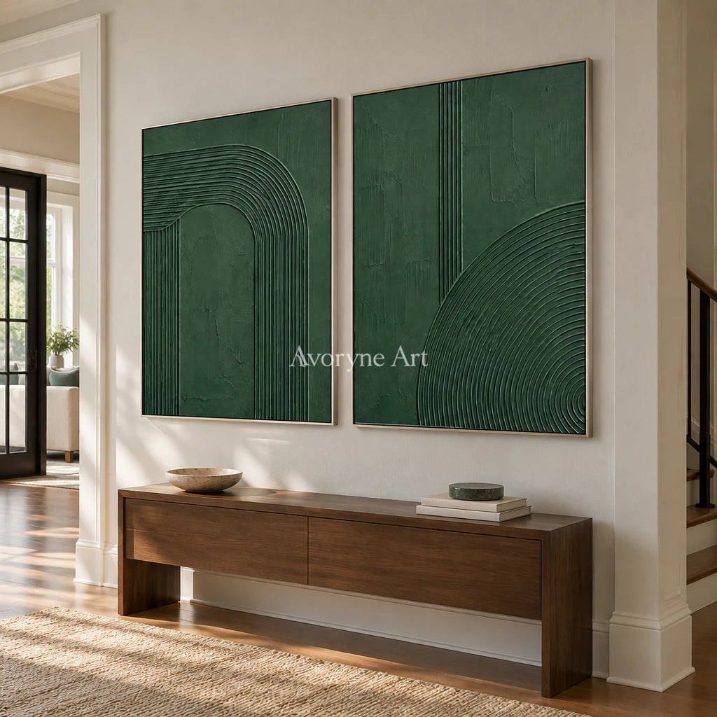 Forest Contours: Green Grooved Diptych Wall Art — entry silver