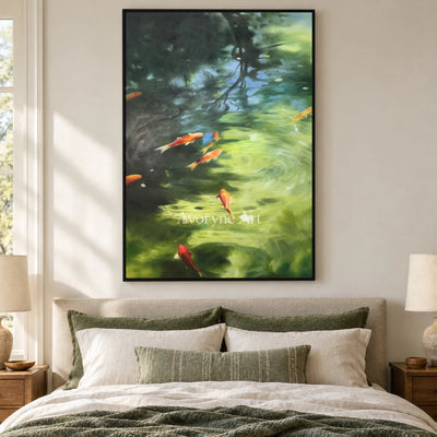 Koi Beneath the Light: Green Impressionist Koi Pond Wall Art — bedroom black