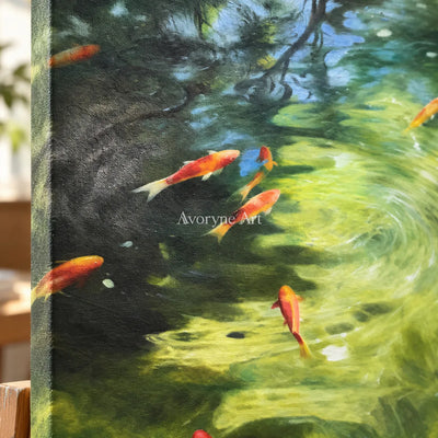 Koi Beneath the Light: Green Impressionist Koi Pond Wall Art — detail easel