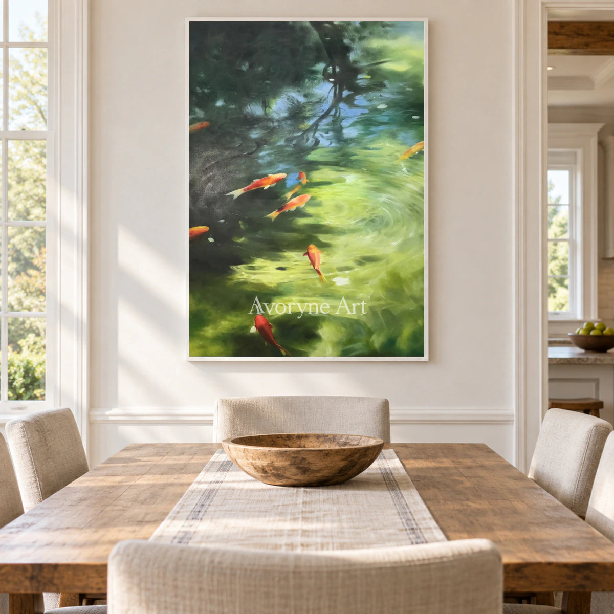 Koi Beneath the Light: Green Impressionist Koi Pond Wall Art — dining white