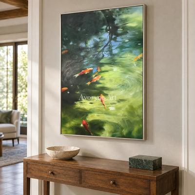 Koi Beneath the Light: Green Impressionist Koi Pond Wall Art — entry silver
