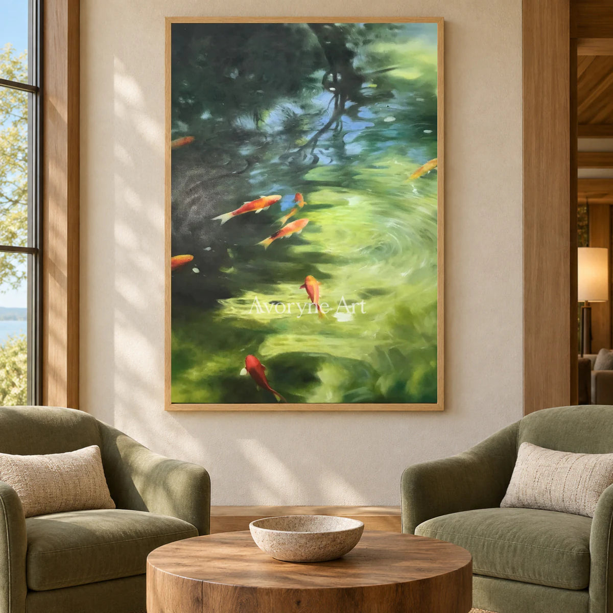 Koi Beneath the Light: Green Impressionist Koi Pond Wall Art — hotel wood