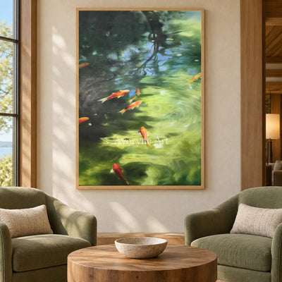 Koi Beneath the Light: Green Impressionist Koi Pond Wall Art — hotel wood