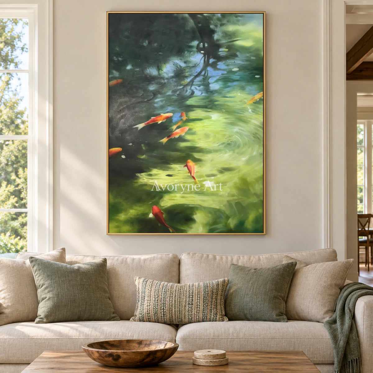 Koi Beneath the Light: Green Impressionist Koi Pond Wall Art — living gold