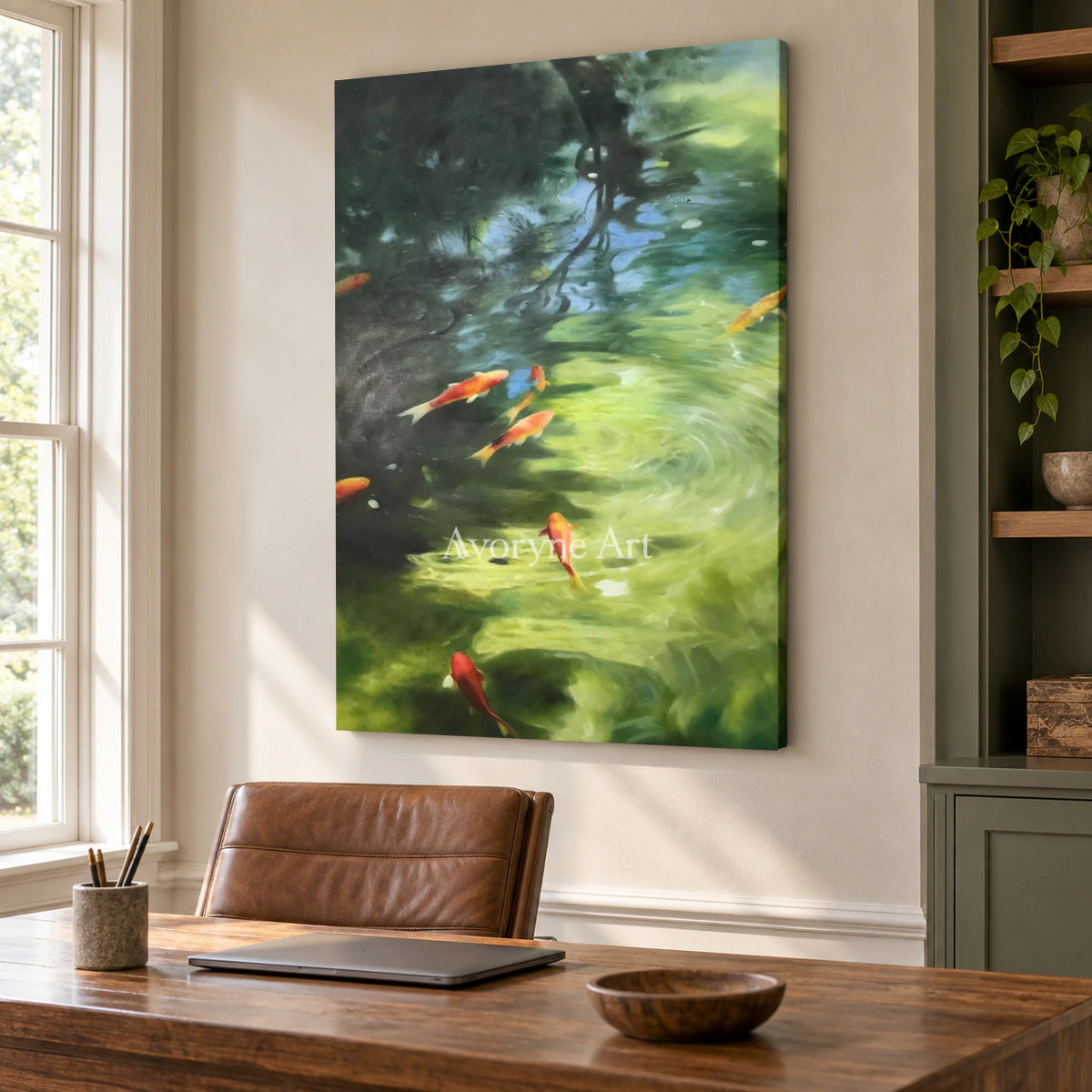 Koi Beneath the Light: Green Impressionist Koi Pond Wall Art — office frameless