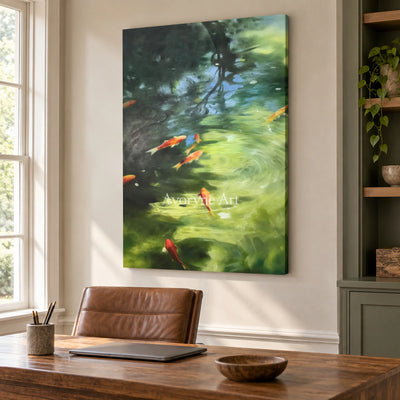 Koi Beneath the Light: Green Impressionist Koi Pond Wall Art — office frameless