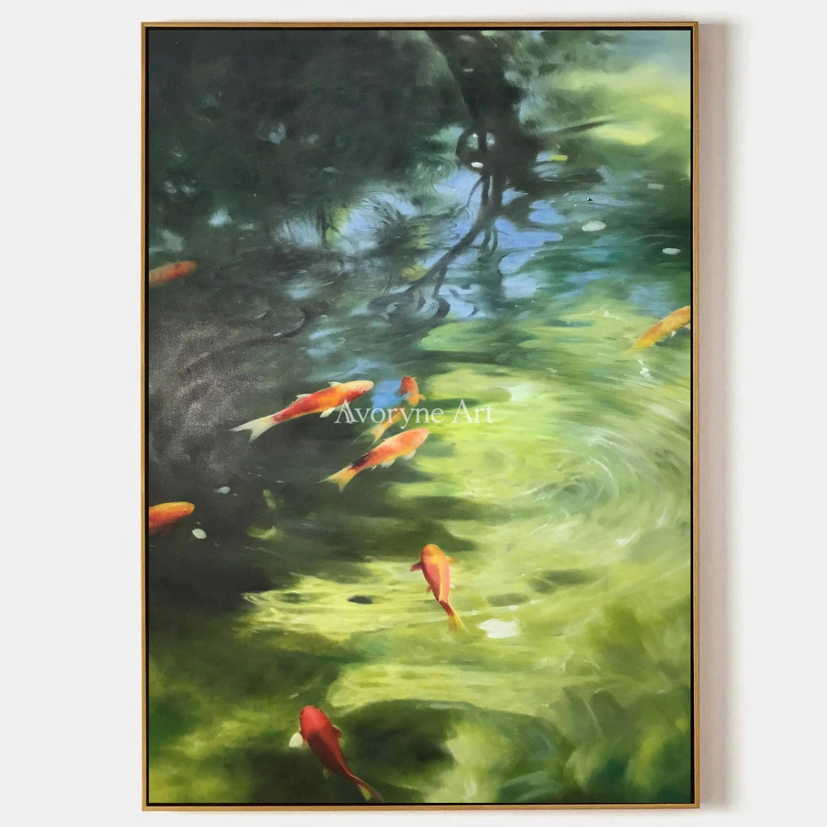 Koi Beneath the Light: Green Impressionist Koi Pond Wall Art — primary