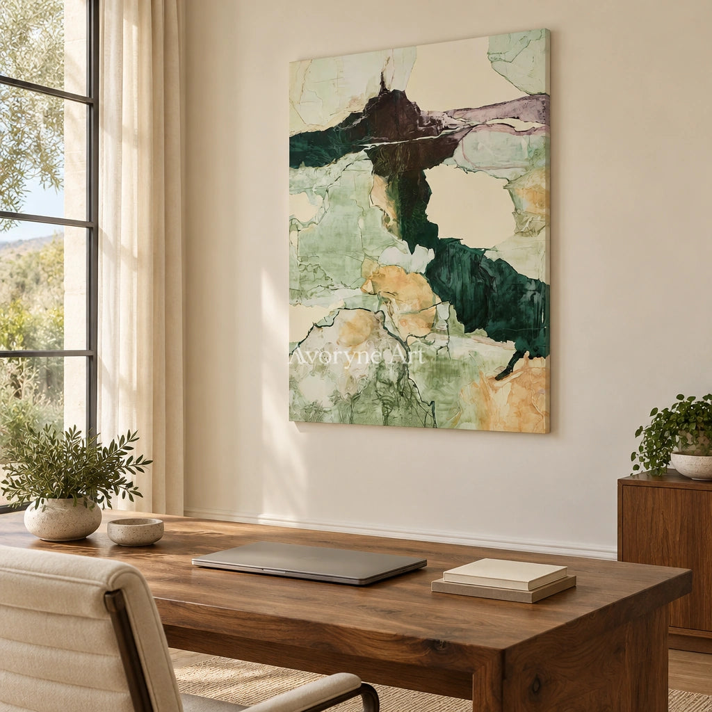 Ivory Painted Gesture: Green Mineral Abstract — office frameless