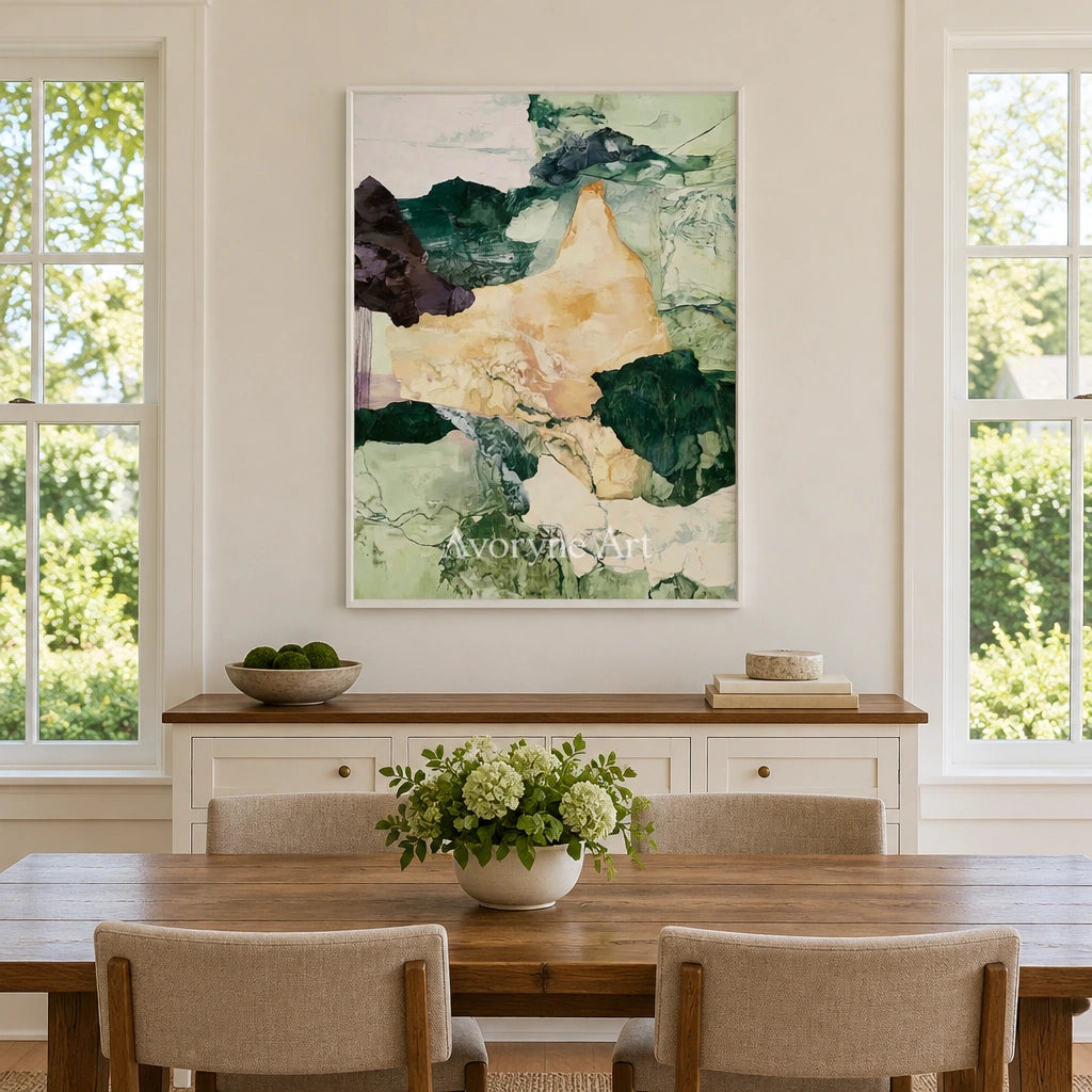 Ivory Painted Memory: Green Mineral Abstract — dining white