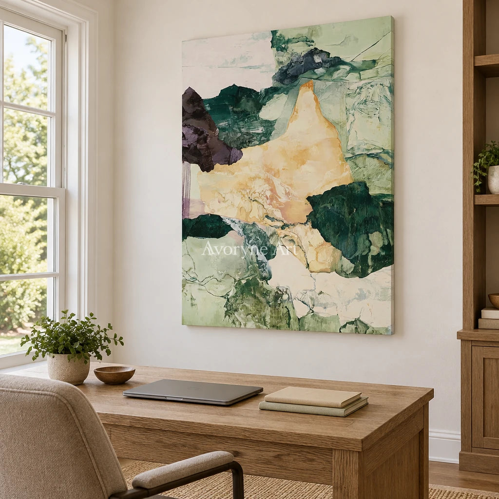 Ivory Painted Memory: Green Mineral Abstract — office frameless