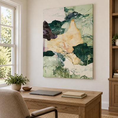 Ivory Painted Memory: Green Mineral Abstract — office frameless