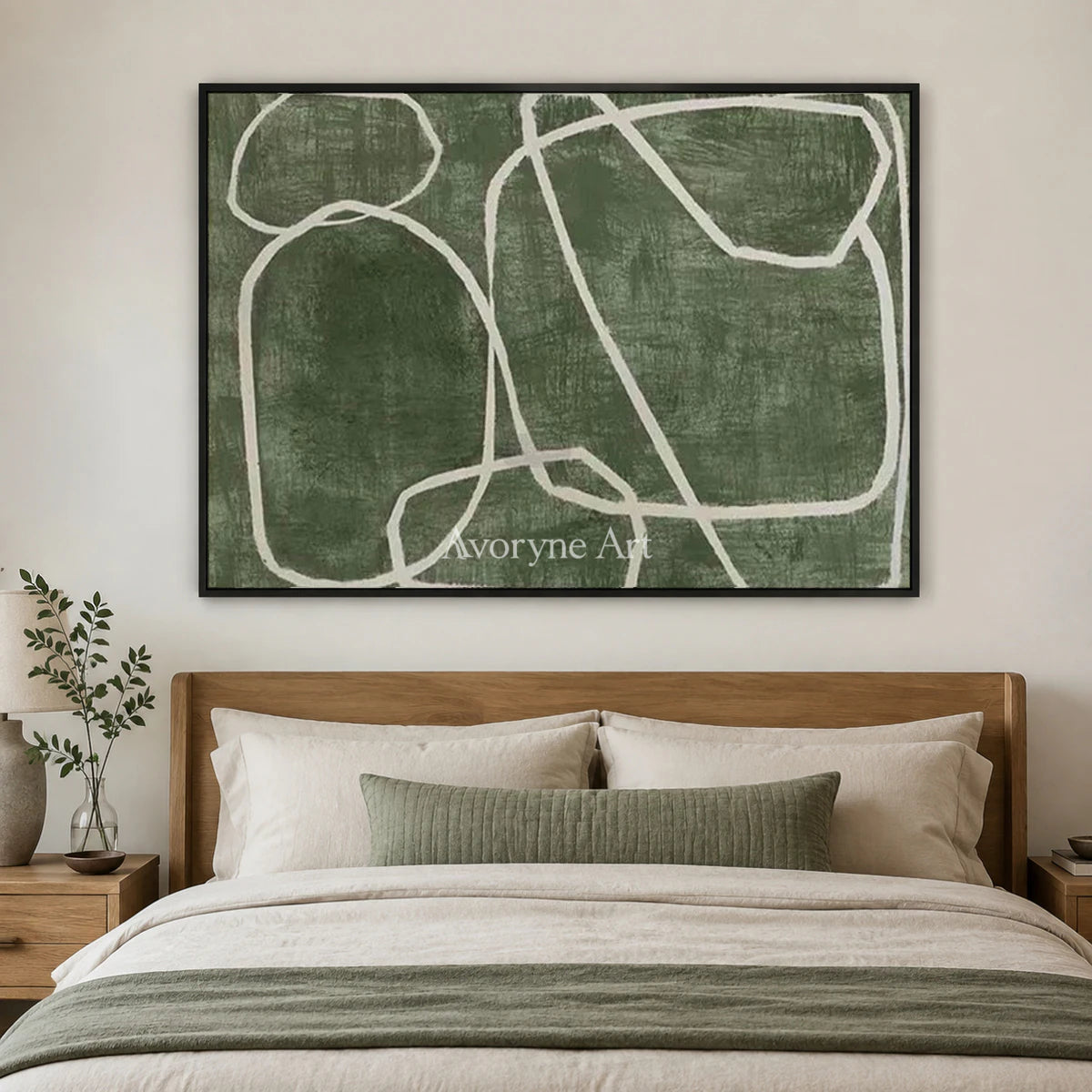 Verdant Loops: Green Minimalist Abstract Wall Art — bedroom black