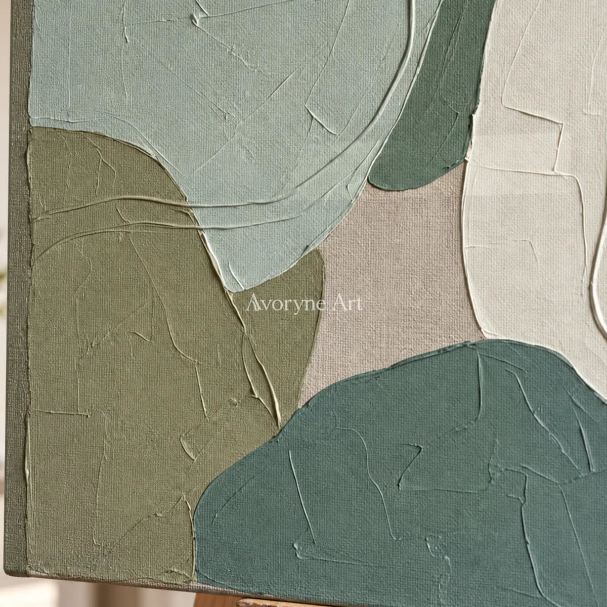 Sage Intersections: Green Minimalist Organic Abstract Wall Art — detail easel