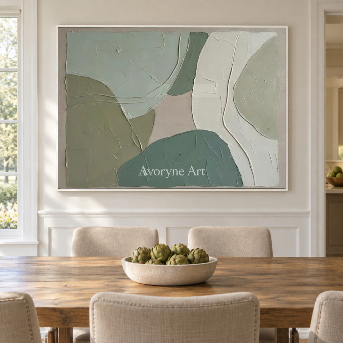 Sage Intersections: Green Minimalist Organic Abstract Wall Art — dining white