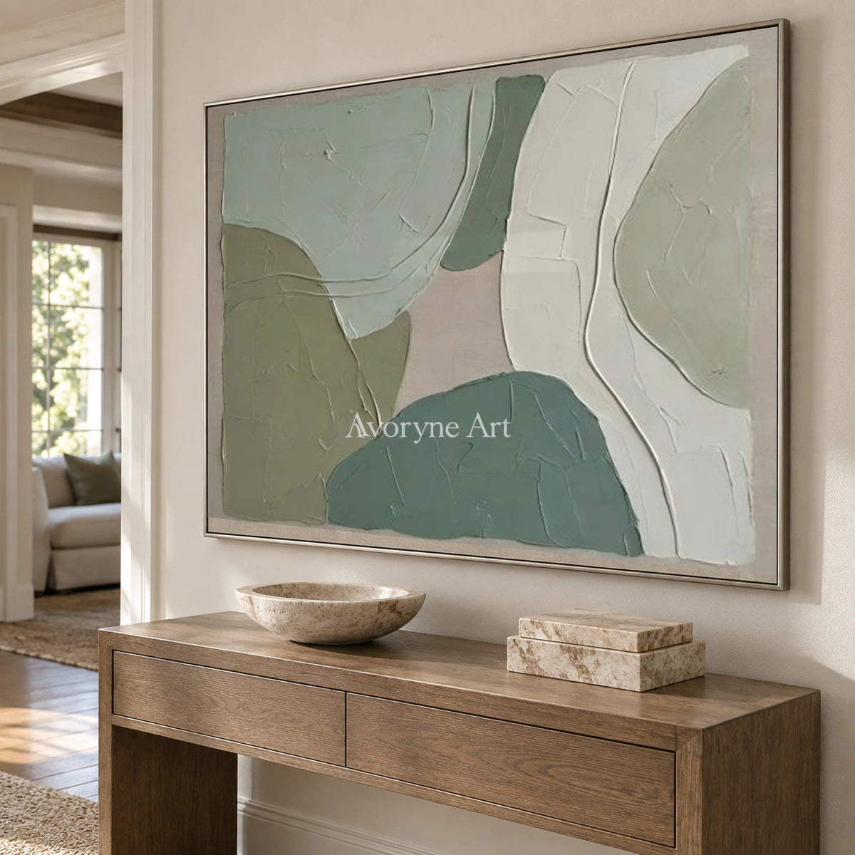 Sage Intersections: Green Minimalist Organic Abstract Wall Art — entry silver