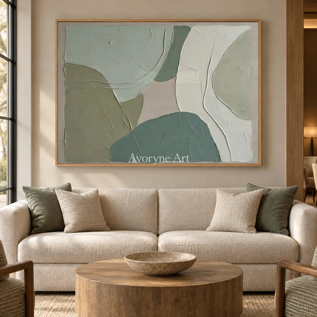 Sage Intersections: Green Minimalist Organic Abstract Wall Art — hotel wood