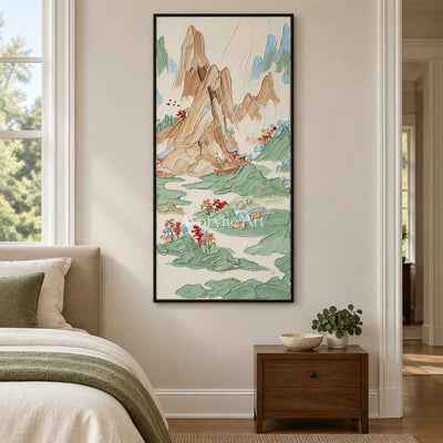 Restful Prelude green mountain wall art with a black frame above a bed in a bedroom