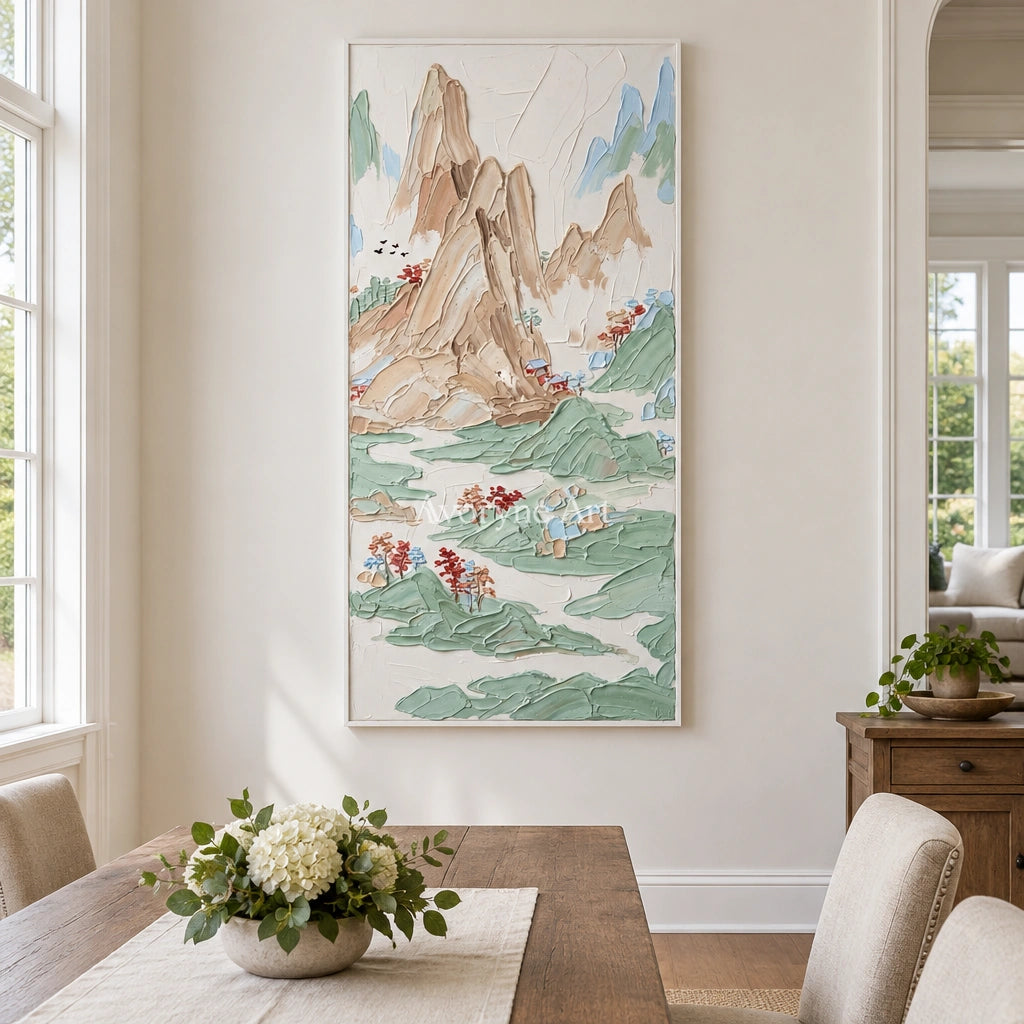 Restful Prelude green mountain wall art with a white frame in a dining room