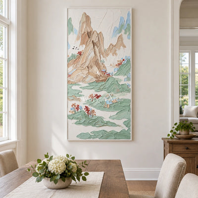 Restful Prelude green mountain wall art with a white frame in a dining room