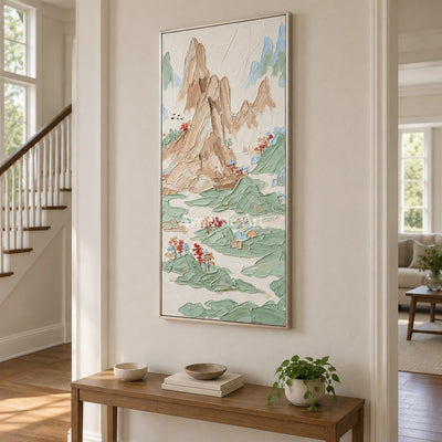 Restful Prelude green mountain wall art with a silver frame in an entryway